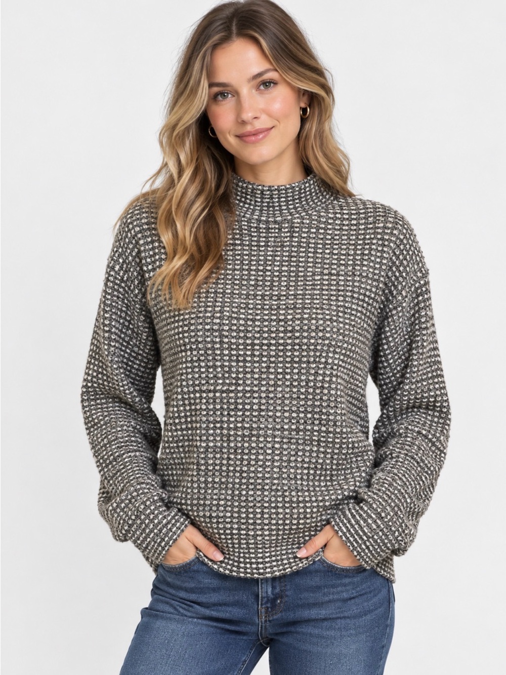 BKE Mock Neck Textured Sweater in Gray and Cream